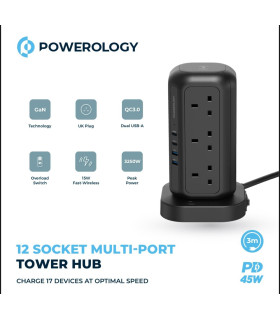Powerology 12 Socket Multi-Port Tower Hub Extension
