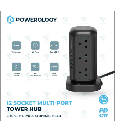 Powerology 12 Socket Multi-Port Tower Hub Extension