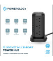 چند راهی برق و شارژر پاورولوژی Powerology 12 Socket Multi-Port Tower Hub PWCUQC013 دارای 4 پورت