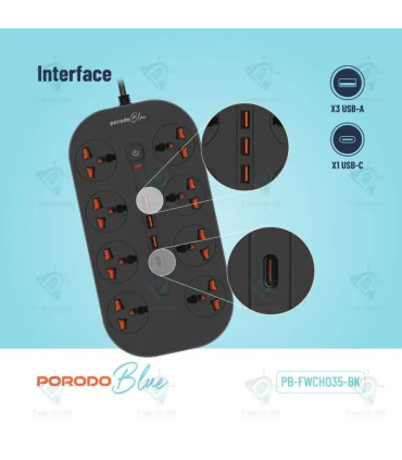 Porodo Blue 8 AC Power Strip PB-FWCH035-BK