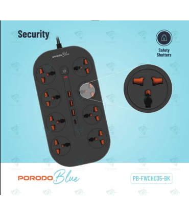 Porodo Blue 8 AC Power Strip PB-FWCH035-BK